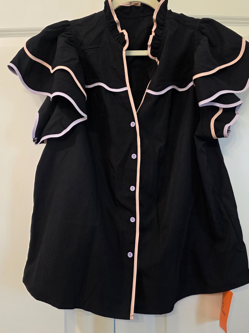 Black Ruffle Sleeve Button-Up Top with Pink Trim